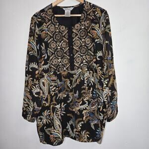 Ulla Popken Tunic 16/18 Sheer Boho Paisley Embroidered Sequins Blouse Whimsigoth